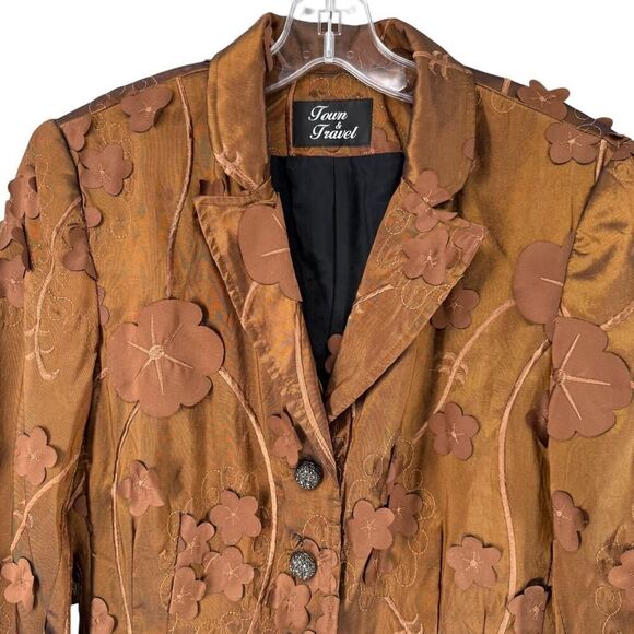 Town And Travel Blazer Brown 3D Floral Shimmer Size M Art To Wear Four Button - Picture 2 of 8